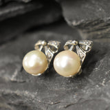 White Pearl Earrings, Natural Pearl, Ribbon Earrings, Large Bow Earrings, White Vintage Earrings, Heavy Earrings, Solid Silver Earrings