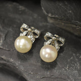 White Pearl Earrings, Natural Pearl, Ribbon Earrings, Large Bow Earrings, White Vintage Earrings, Heavy Earrings, Solid Silver Earrings