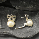 White Pearl Earrings, Natural Pearl, Ribbon Earrings, Large Bow Earrings, White Vintage Earrings, Heavy Earrings, Solid Silver Earrings