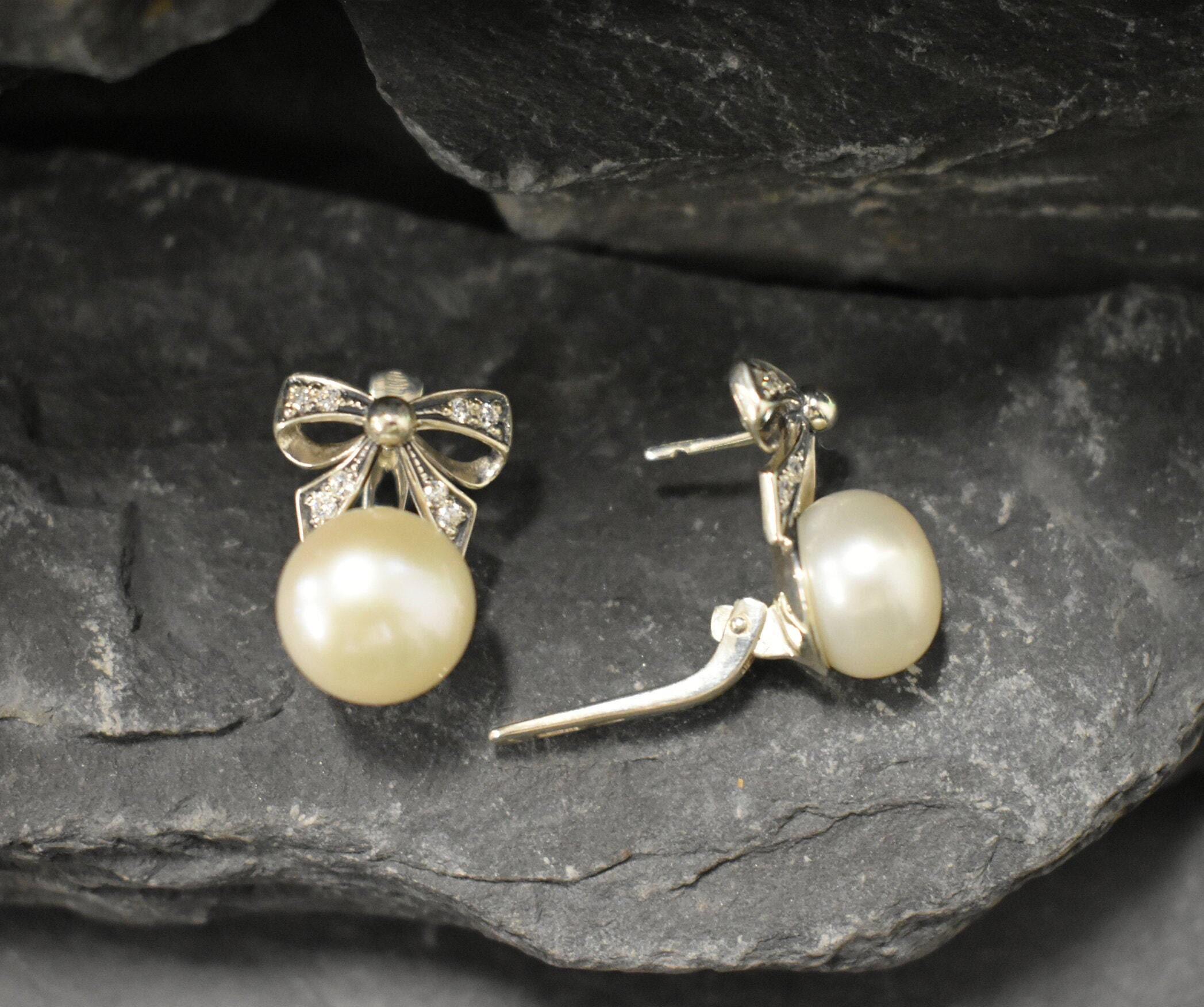 White Pearl Earrings, Natural Pearl, Ribbon Earrings, Large Bow Earrings, White Vintage Earrings, Heavy Earrings, Solid Silver Earrings