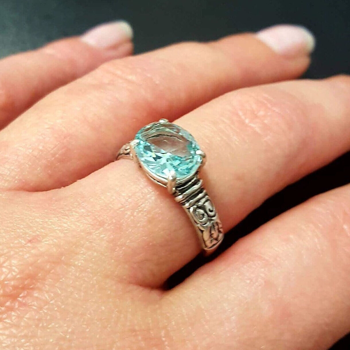 Aquamarine Ring, Created Aquamarine, Horizontal Ring, Blue Vintage Ring, Blue Diamond Ring, Vintage Rings, Solid Silver Ring, Aquamarine