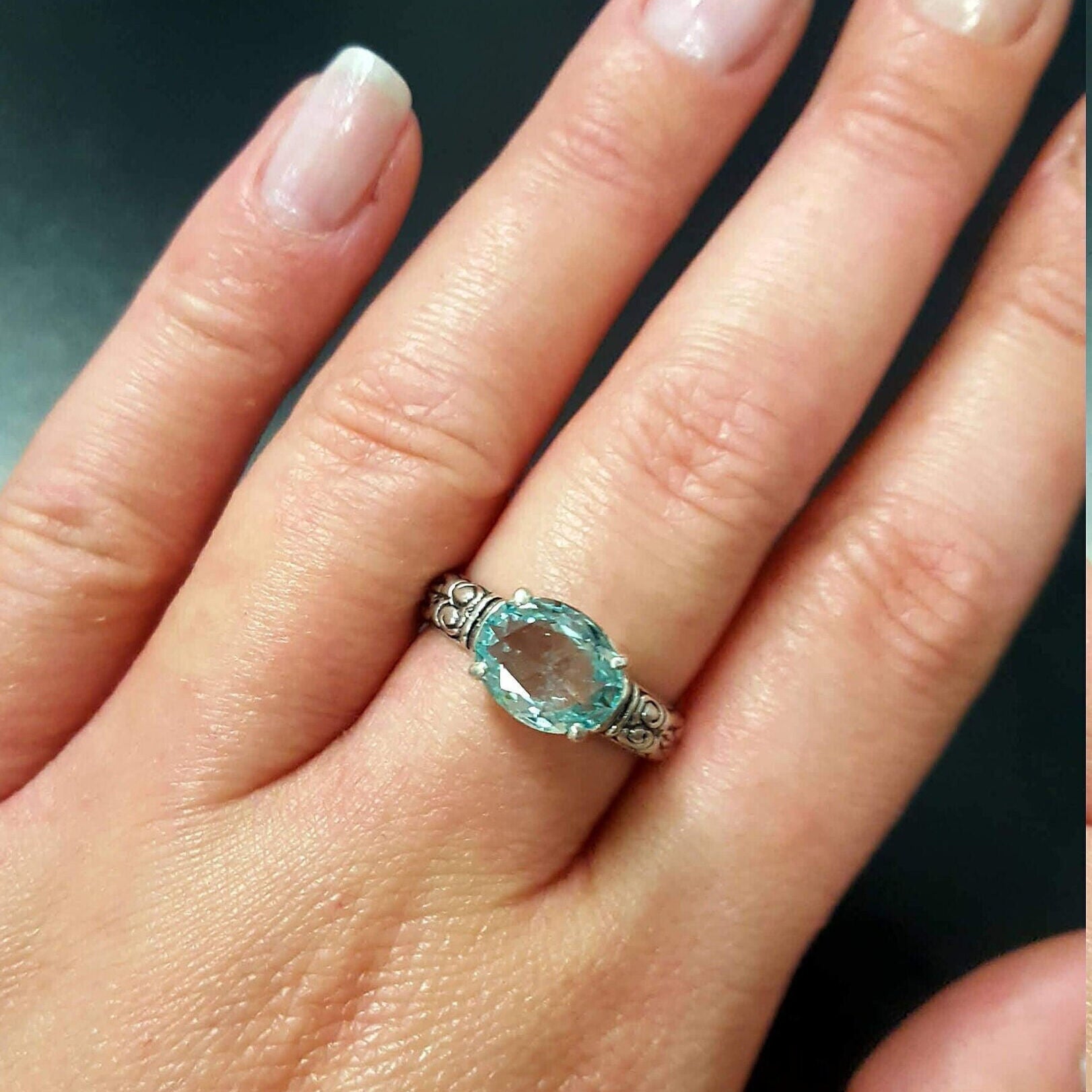 Aquamarine Ring, Created Aquamarine, Horizontal Ring, Blue Vintage Ring, Blue Diamond Ring, Vintage Rings, Solid Silver Ring, Aquamarine