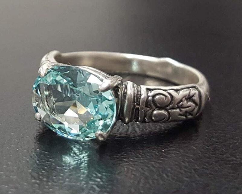 Boho Aquamarine Ring - Blue Solitaire Ring - Vintage Tribal Ring