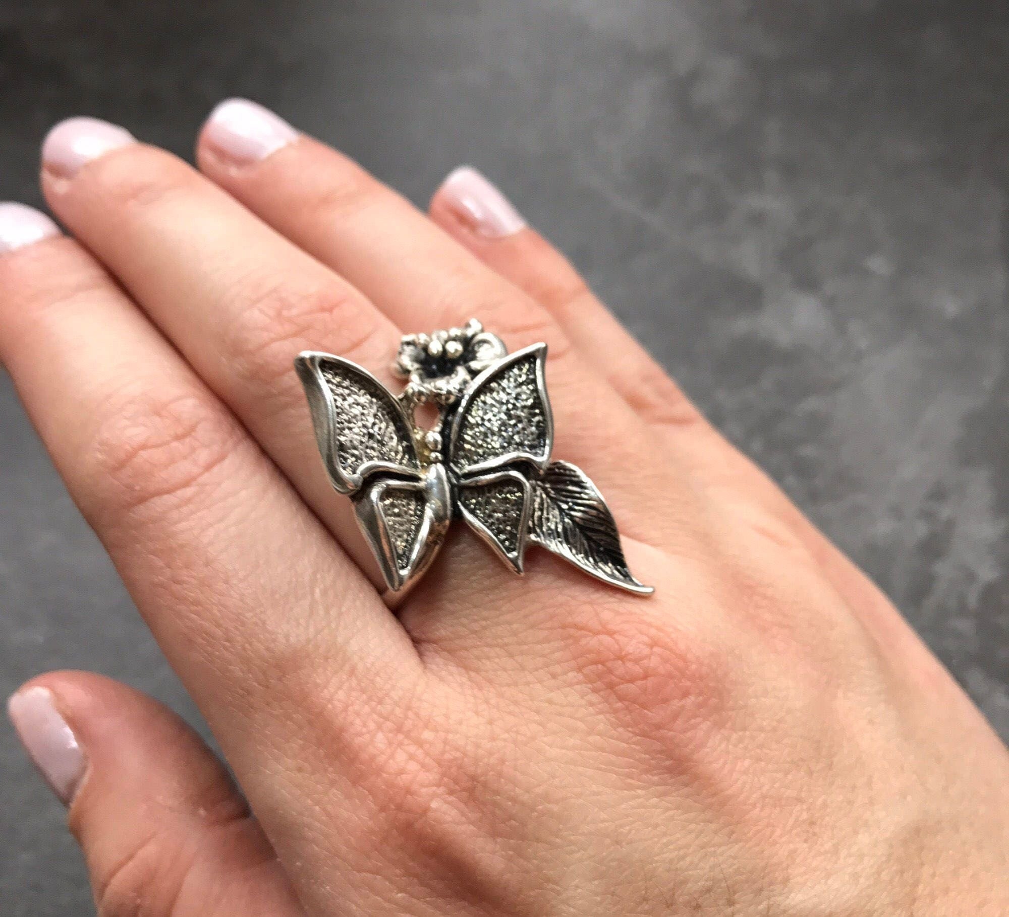 Butterfly Ring, Statement Ring, Solid Silver Ring, Unique Silver Ring, Silver Flower Ring, Butterfly on Flower, Artistic Ring, Designer Ring