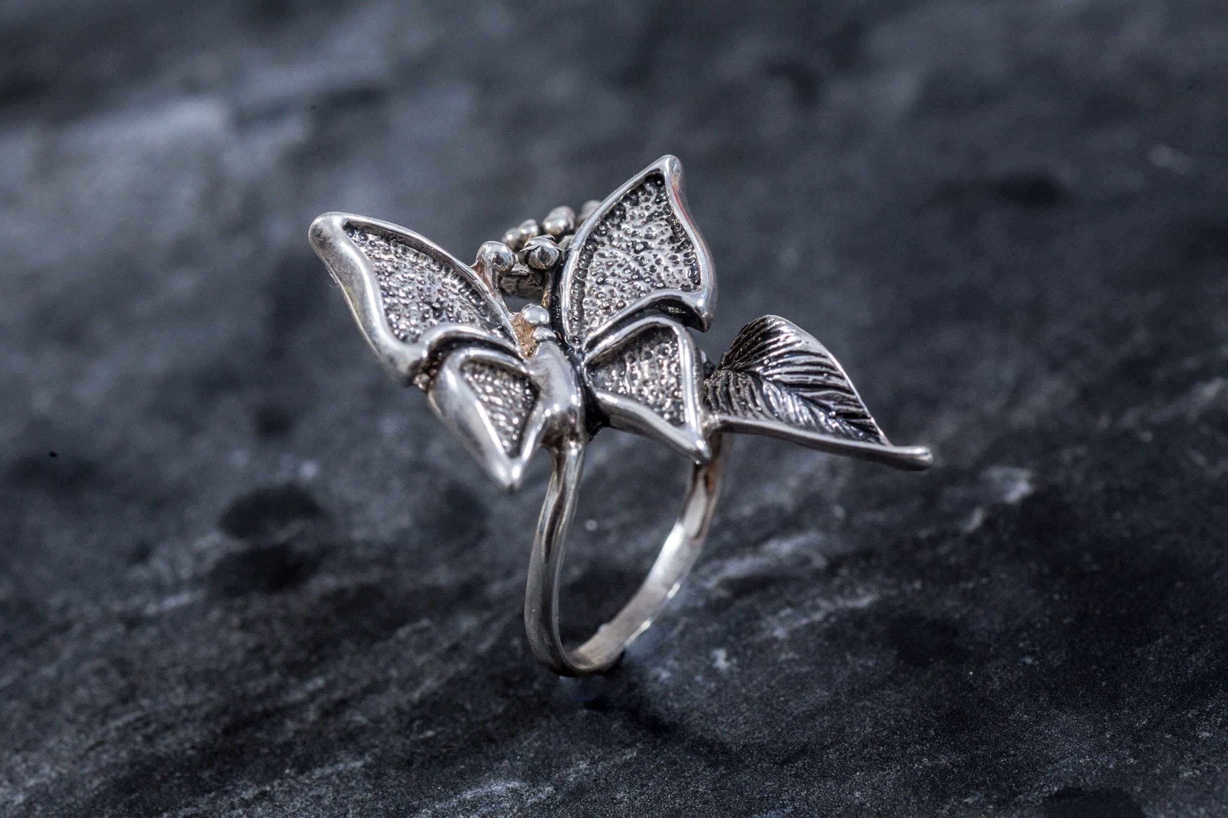 Butterfly Ring, Statement Ring, Solid Silver Ring, Unique Silver Ring, Silver Flower Ring, Butterfly on Flower, Artistic Ring, Designer Ring