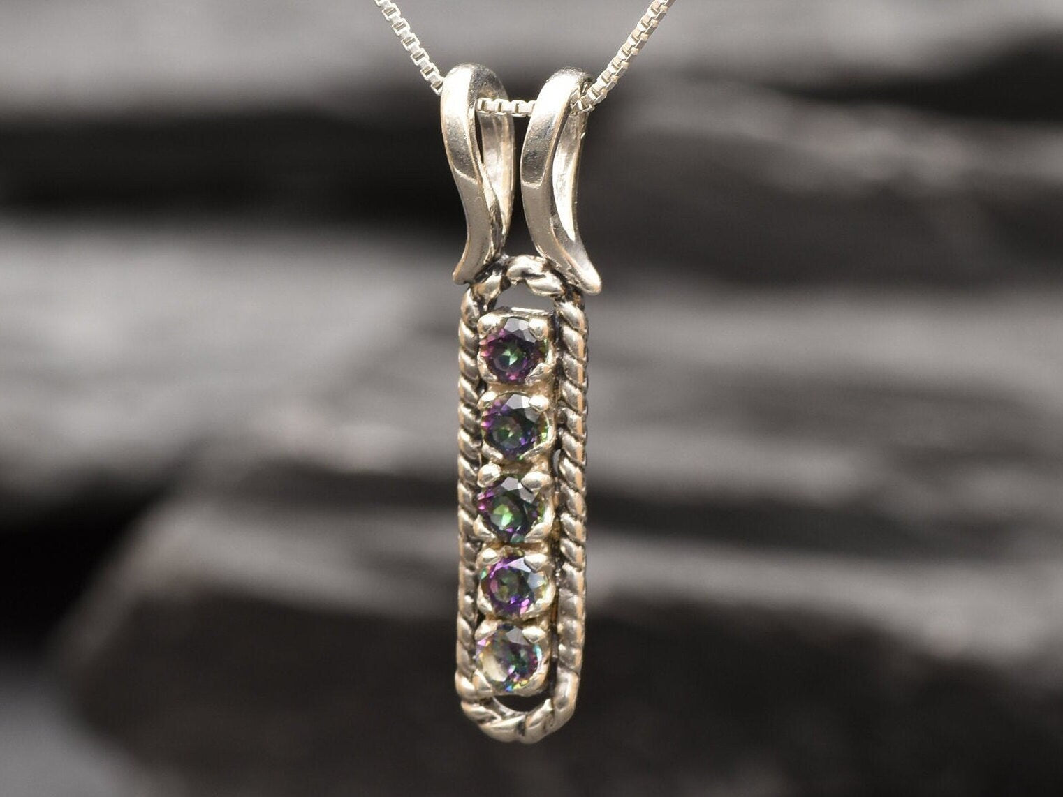 Mystic Topaz Pendant, Bar Pendant, Natural Mystic Topaz, Line Pendant, Vertical Pendant, Rainbow Pendant, Vintage Pendant, 925 Pendant,Topaz