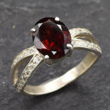 Garnet Vintage Ring - January Birthstone Ring - Split Paved Band