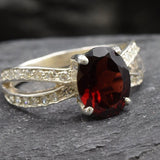 Garnet Vintage Ring - January Birthstone Ring - Split Paved Band