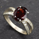 Garnet Vintage Ring - January Birthstone Ring - Split Paved Band