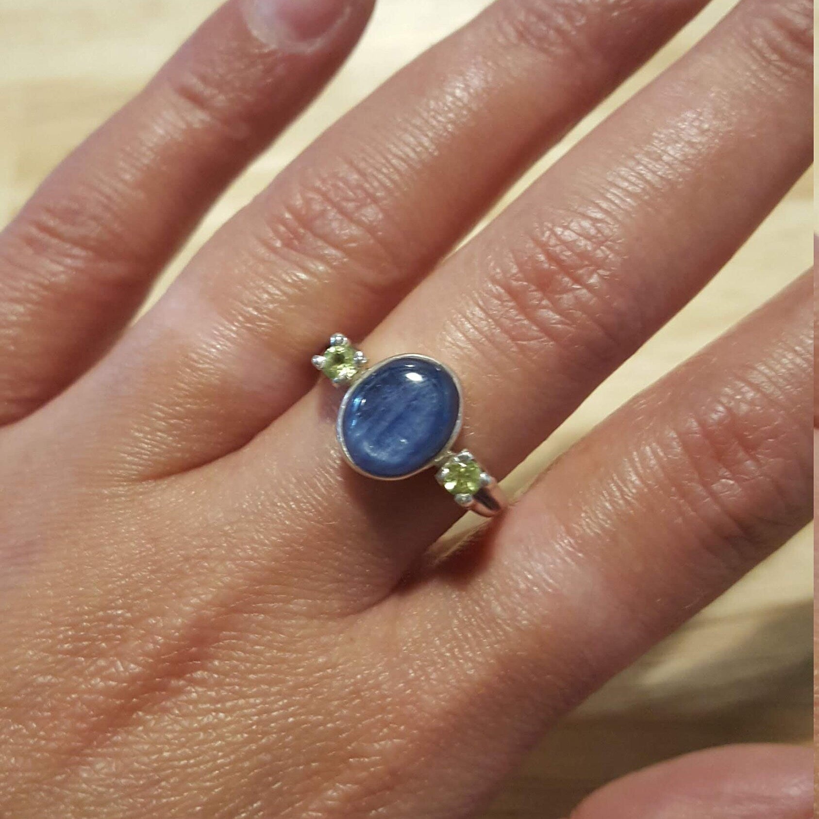 Blue Kyanite Ring, Real Kyanite, Peridot Ring, Green Peridot Ring, Natural Stones, Vintage Blue Rings, Solid Silver Ring, Peridot, Kyanite