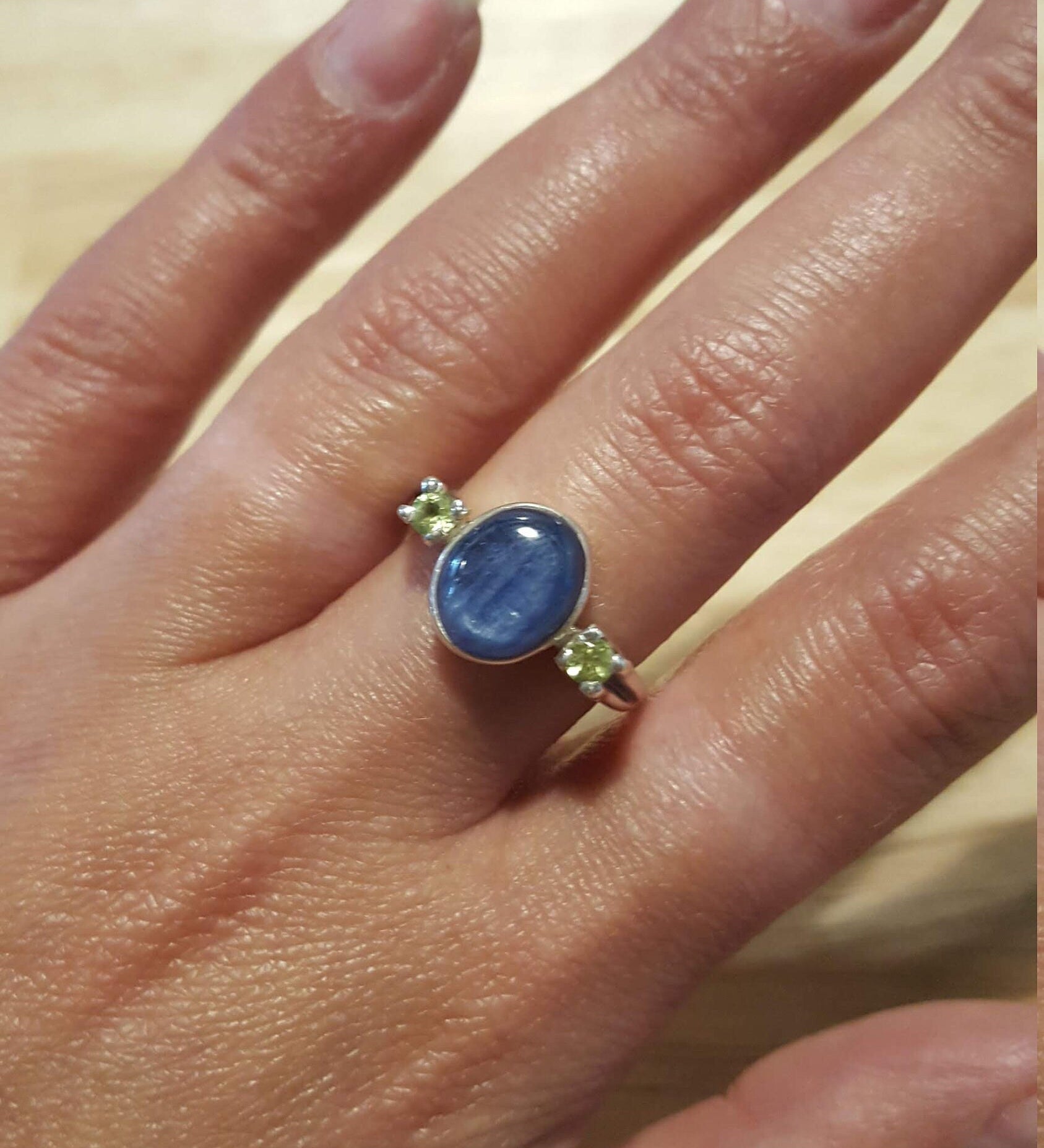 Blue Kyanite Ring, Real Kyanite, Peridot Ring, Green Peridot Ring, Natural Stones, Vintage Blue Rings, Solid Silver Ring, Peridot, Kyanite