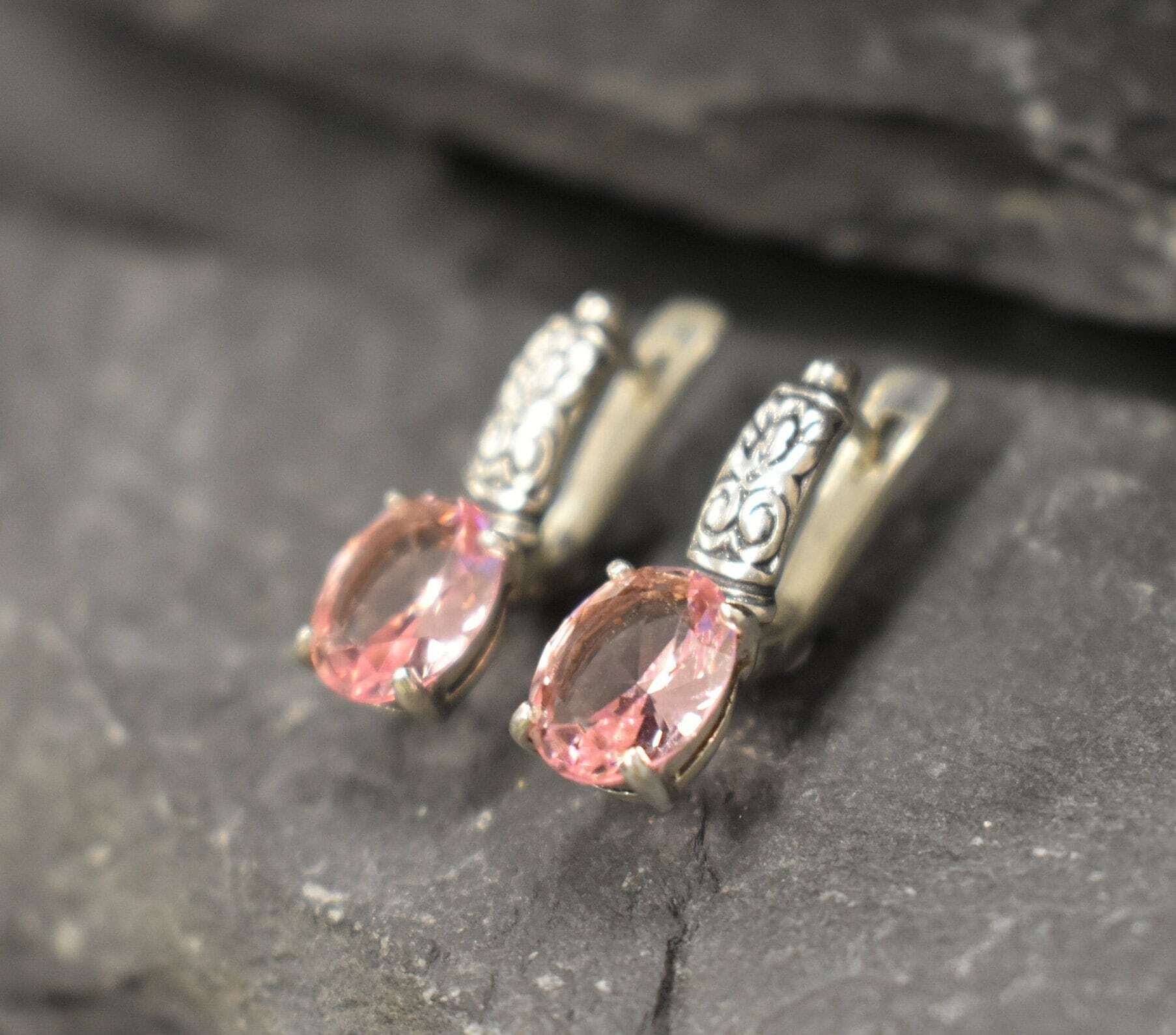 Morganite Earrings, Created Morganite Earrings, Tribal Earrings, Pink Vintage Earrings, Vintage Earrings, Silver Earrings, Pink Earrings