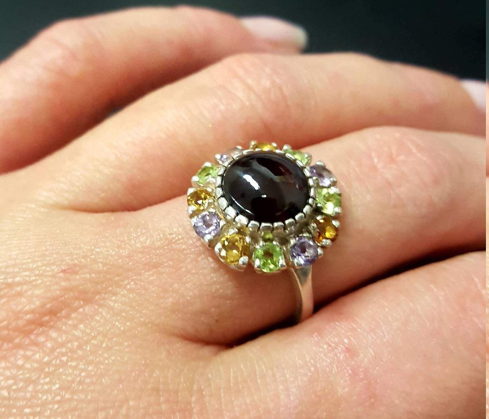 Red Garnet Ring, Garnet Ring, Natural Garnet, January Ring, Victorian Ring, Red Vintage Ring, Multistone Ring, Round Ring, Solid Silver Ring