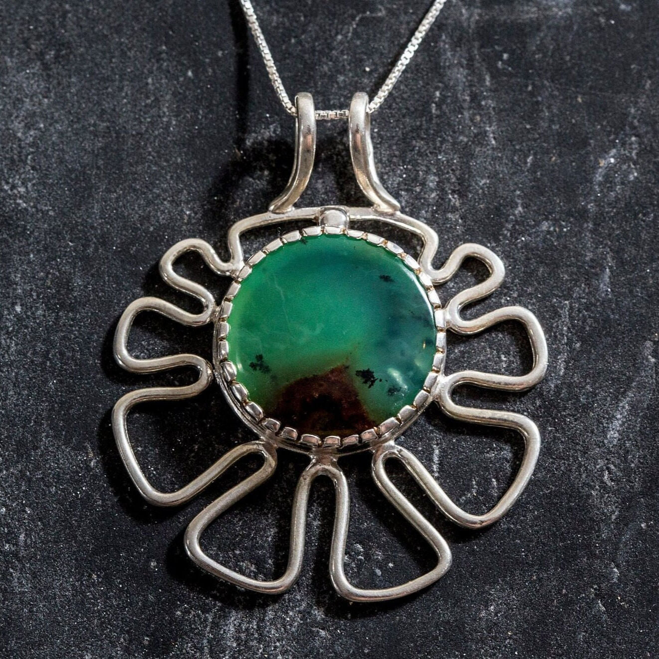 Chrysoprase Pendant, Natural Chrysoprase, Flower Pendant, May Pendant, Matrix Chrysoprase, Vintage Pendant, Silver Pendant, Chrysoprase