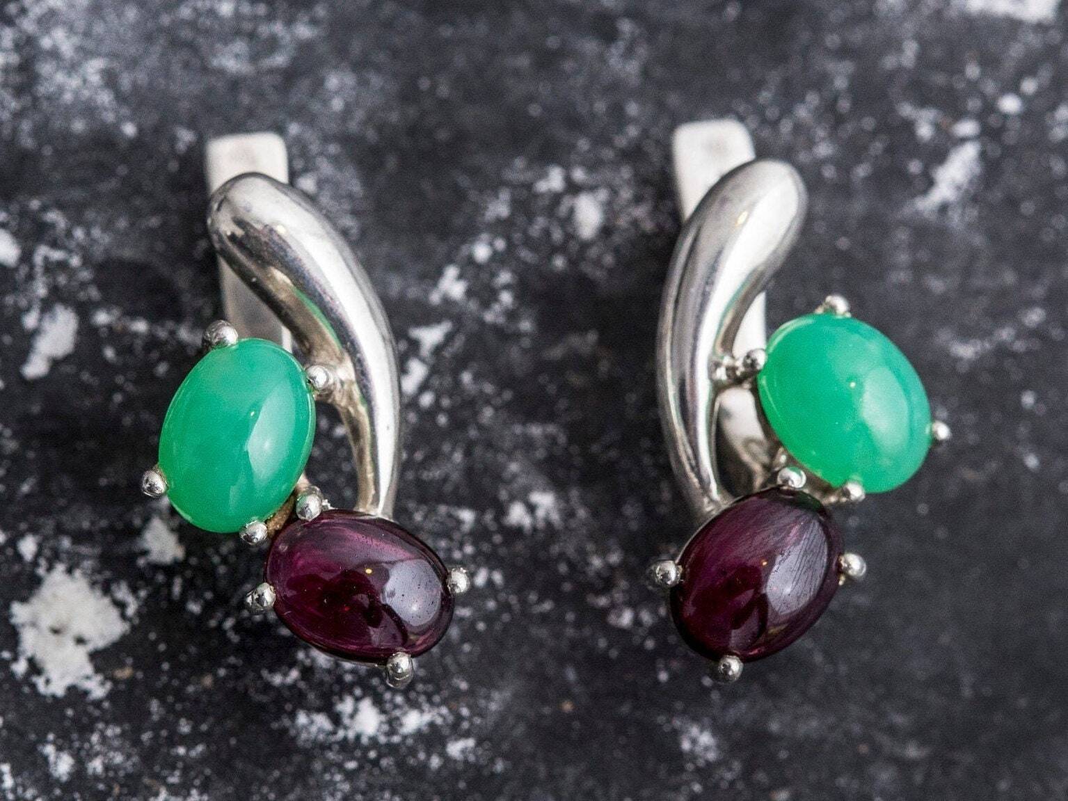Chrysoprase Earrings, Garnet Earrings, Natural Chrysoprase, Natural Garnet,Birthstone Earrings,Cherry Earrings,Silver Earrings,Stud earrings