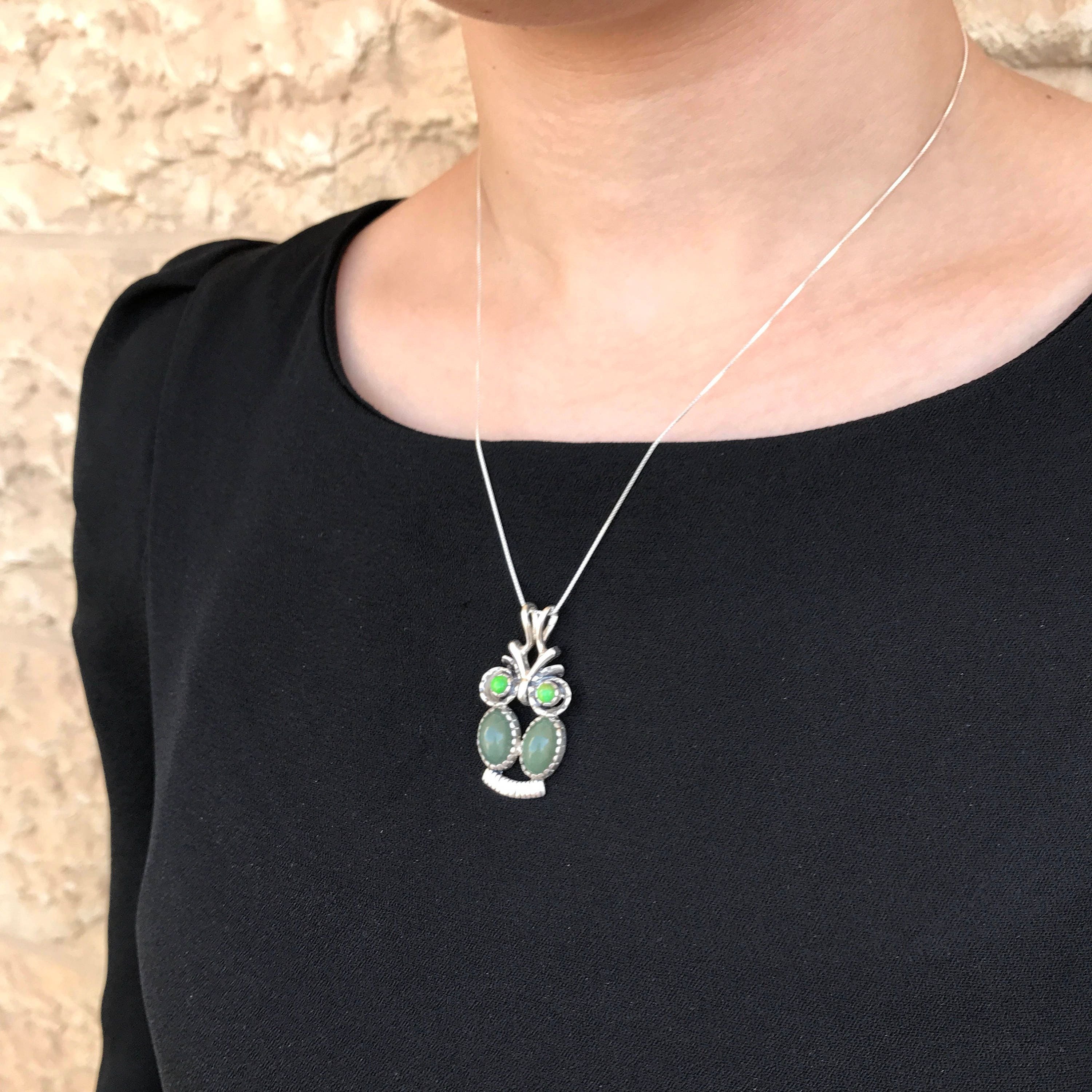 Owl Pendant, Jade Pendant, Natural Jade, Large Silver Pendant, Jadeite Pendant, Turquoise Pendant, August Birthstone, Green Jade, Jade Charm