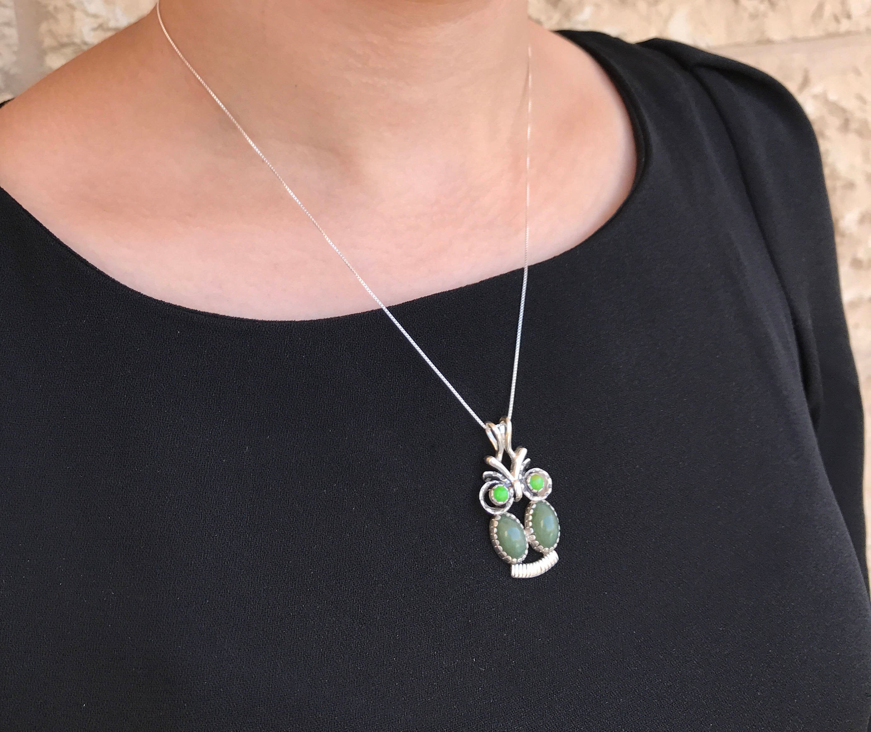 Owl Pendant, Jade Pendant, Natural Jade, Large Silver Pendant, Jadeite Pendant, Turquoise Pendant, August Birthstone, Green Jade, Jade Charm