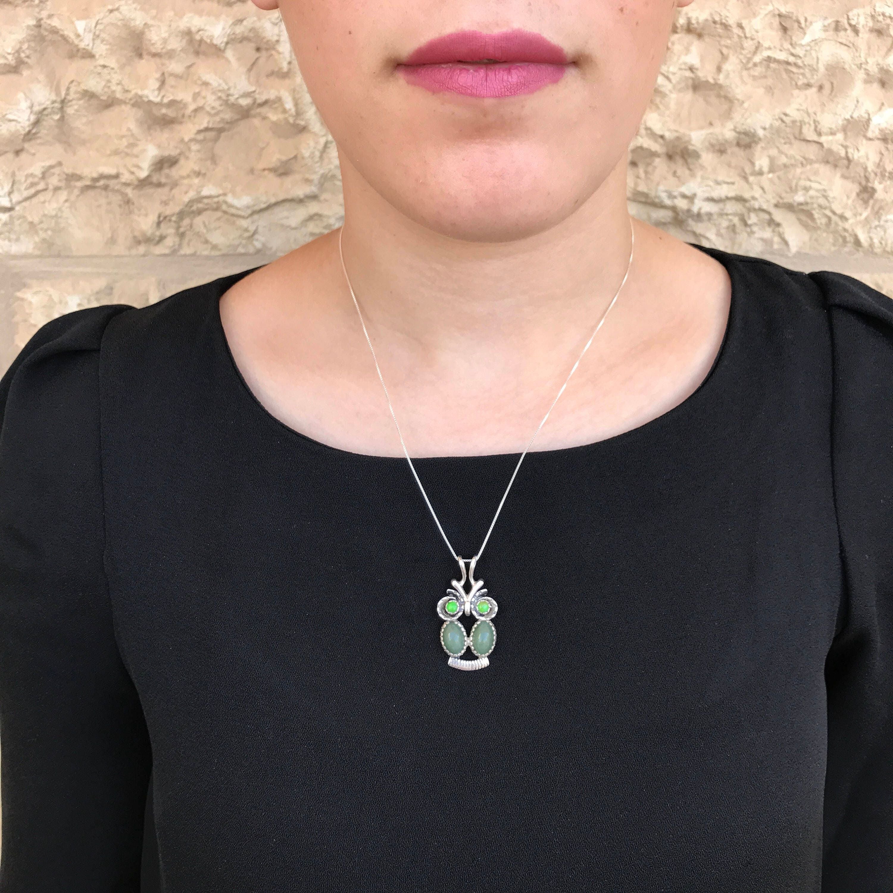 Owl Pendant, Jade Pendant, Natural Jade, Large Silver Pendant, Jadeite Pendant, Turquoise Pendant, August Birthstone, Green Jade, Jade Charm