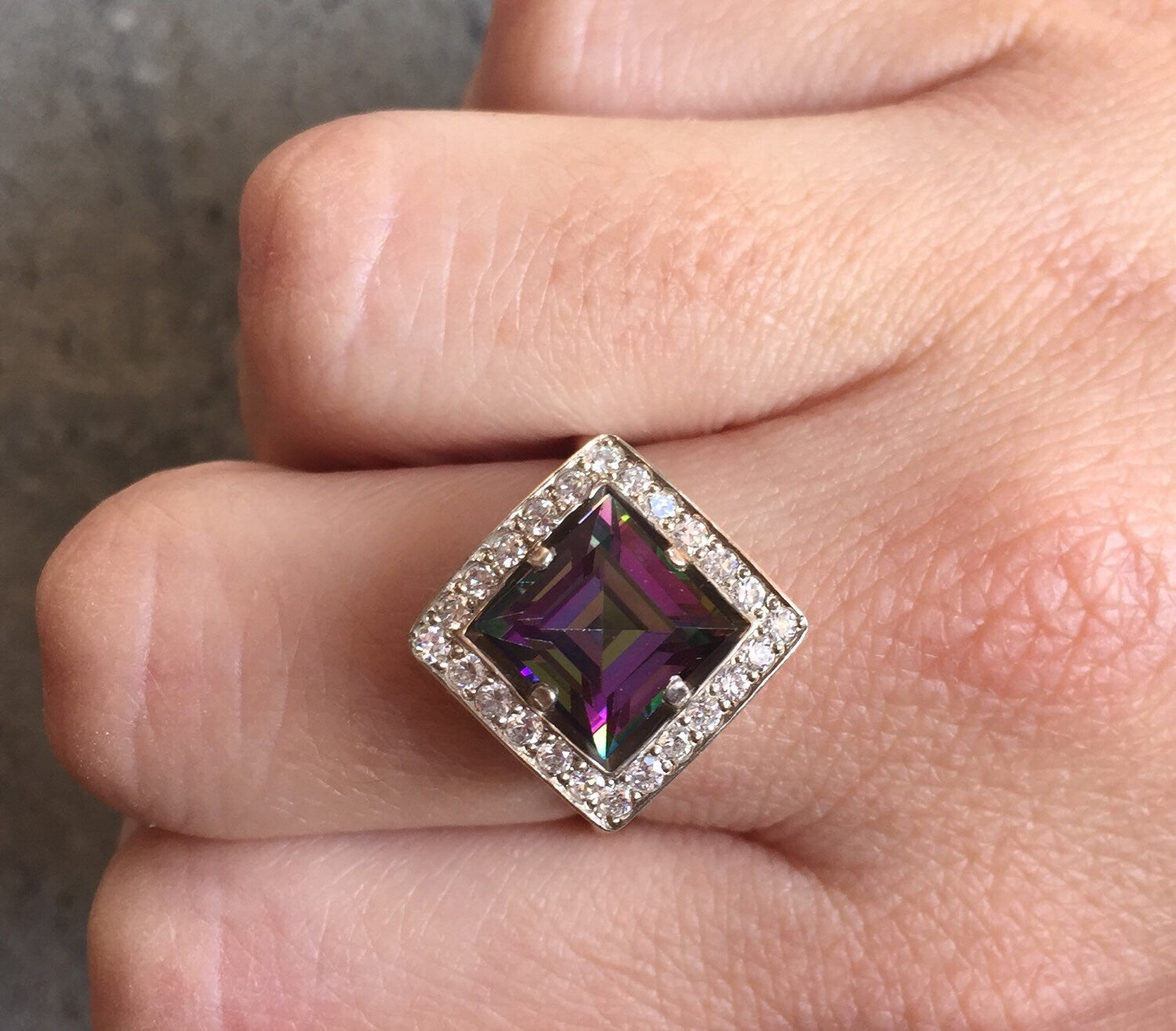Mystic Topaz Ring, Genuine Topaz, Square Ring, Vintage Ring, Antique Ring, Purple Ring, Princess Cut, 925 Sterling Silver Ring, Mystic Topaz