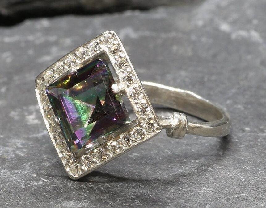 Mystic Topaz Ring, Genuine Topaz, Square Ring, Vintage Ring, Antique Ring, Purple Ring, Princess Cut, 925 Sterling Silver Ring, Mystic Topaz