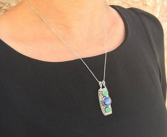 Kyanite Pendant, Natural Kyanite, Chrysoprase Pendant, Tribal Pendant, May Pendant, Statement Pendant, Silver Pendant, Chrysoprase, Kyanite