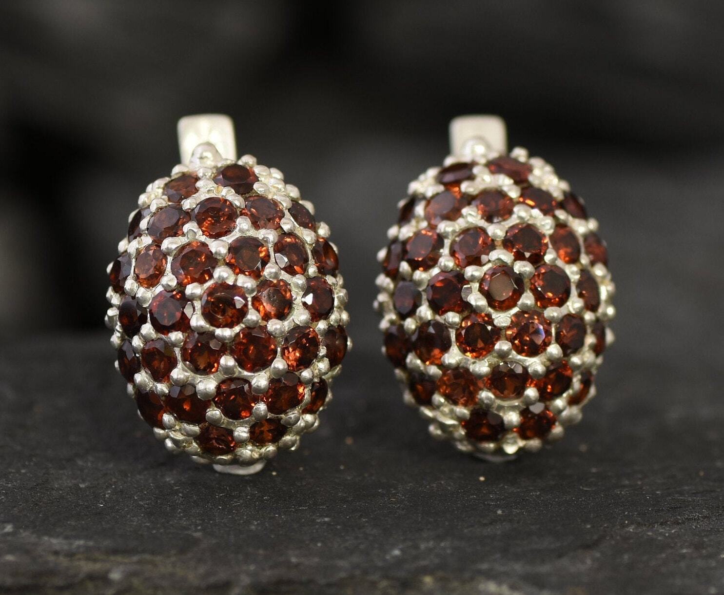 Garnet Earrings, Natural Garnet, Cluster Earrings, Sphere Earrings, January Birthstone, Red Berry Earrings, Chunky Earrings, Silver Earrings