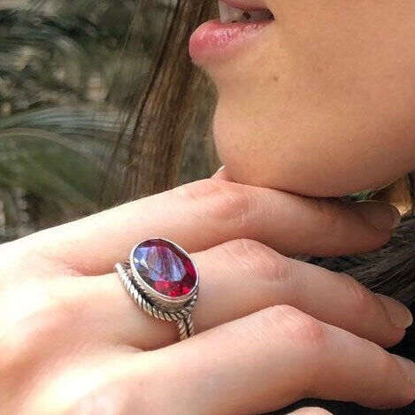 Created Ruby Ring in 925 Sterling Silver with Oval Bezel setting, perfect for July birthdays and special occasions.