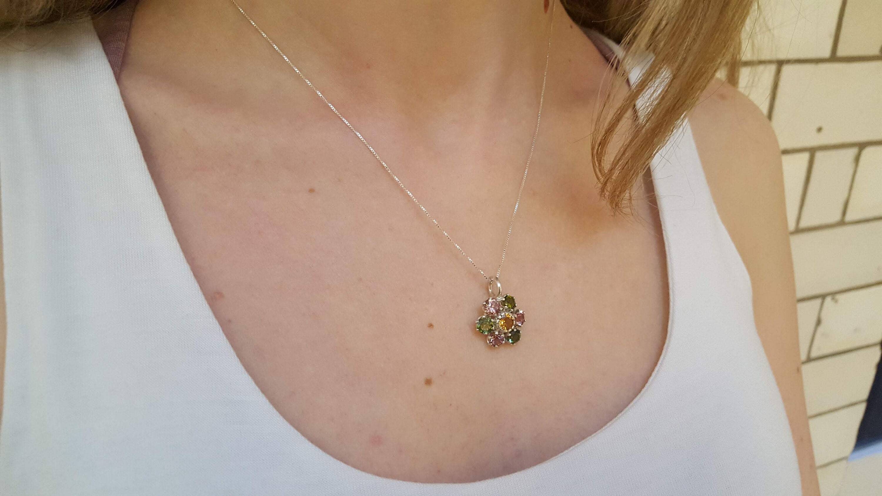 Flower Pendant, Tourmaline Pendant, Natural Tourmaline, October Birthstone, Multicolor Pendant, October Pendant, Flower Vintage Pendant