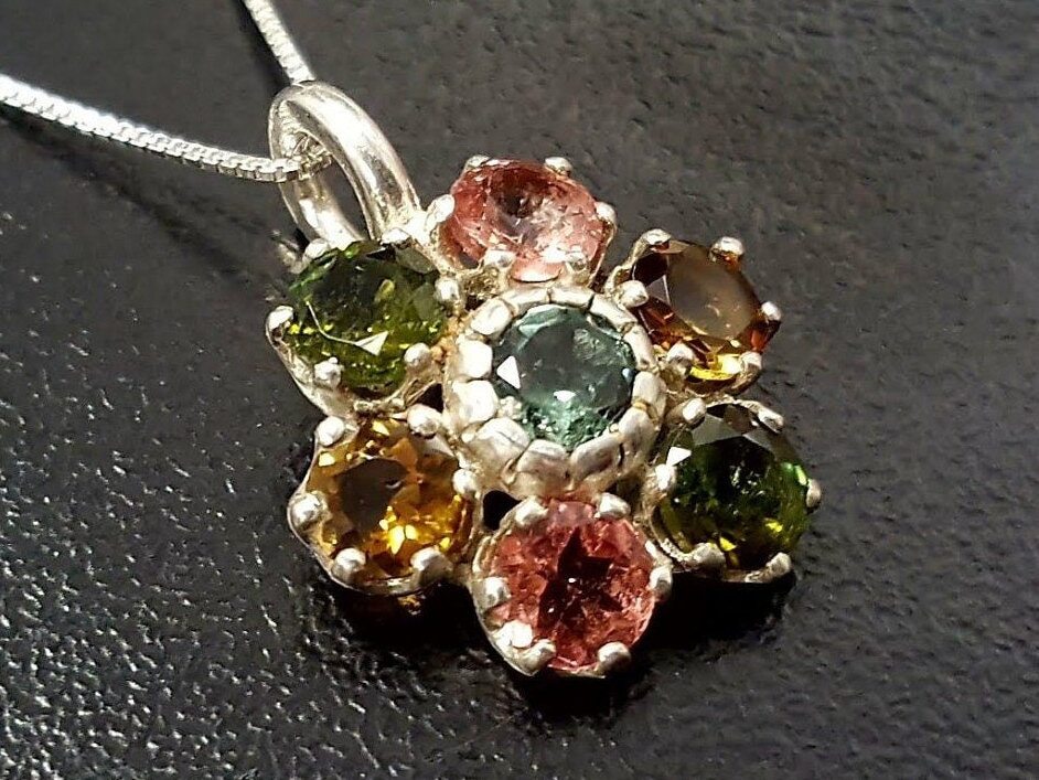 Flower Pendant, Tourmaline Pendant, Natural Tourmaline, October Birthstone, Multicolor Pendant, October Pendant, Flower Vintage Pendant