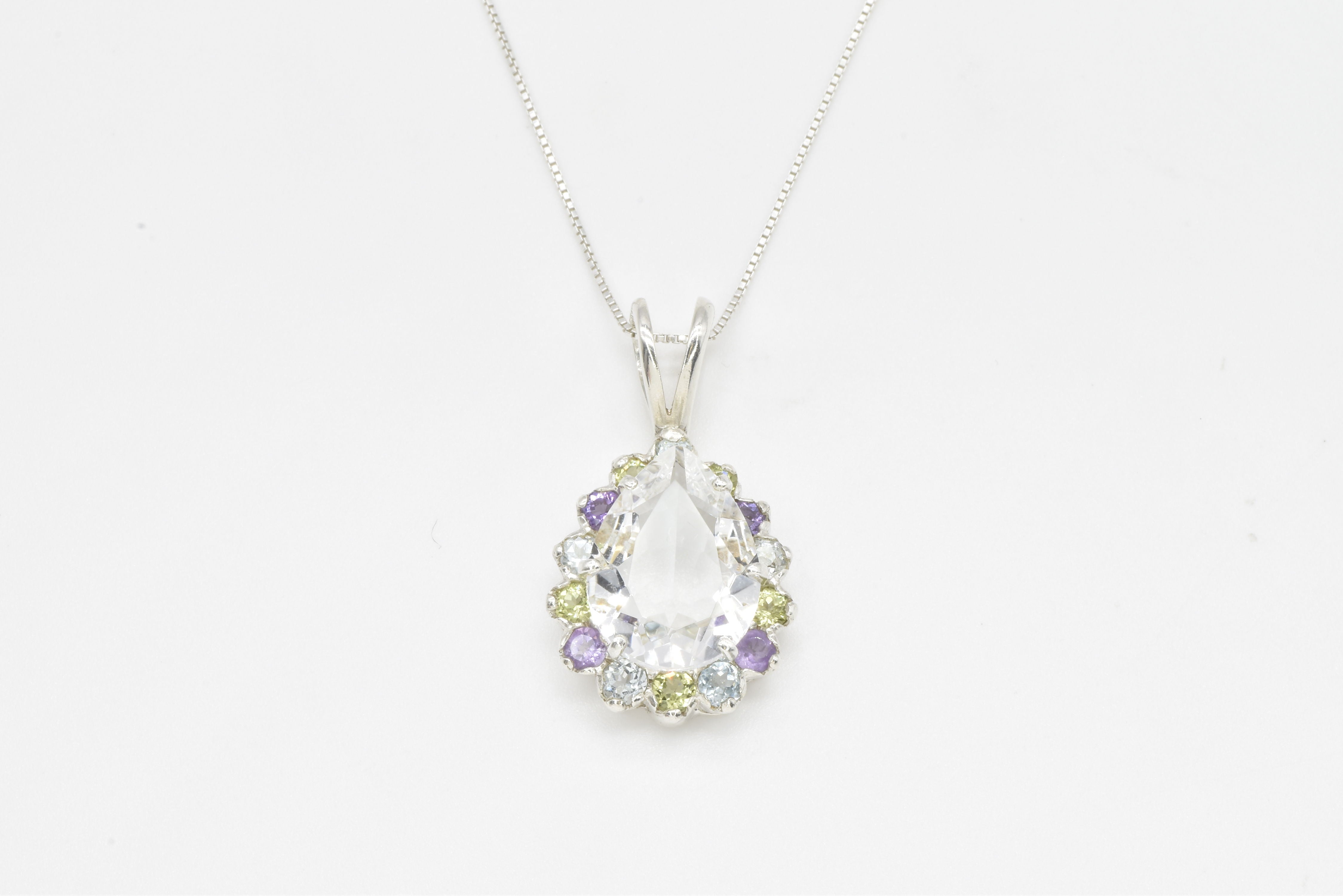 Teardrop Necklace, White Topaz Pendant, Victorian Pendant, Crystal Pendant with Halo, Topaz Necklace, Statement Pendant, 925 Silver Pendant