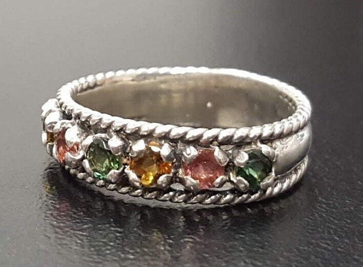 Multistone Ring, Tourmaline Band, Natural Tourmaline, October Birthstone, Half Eternity Band, October Ring, Solid Silver Band, Tourmaline