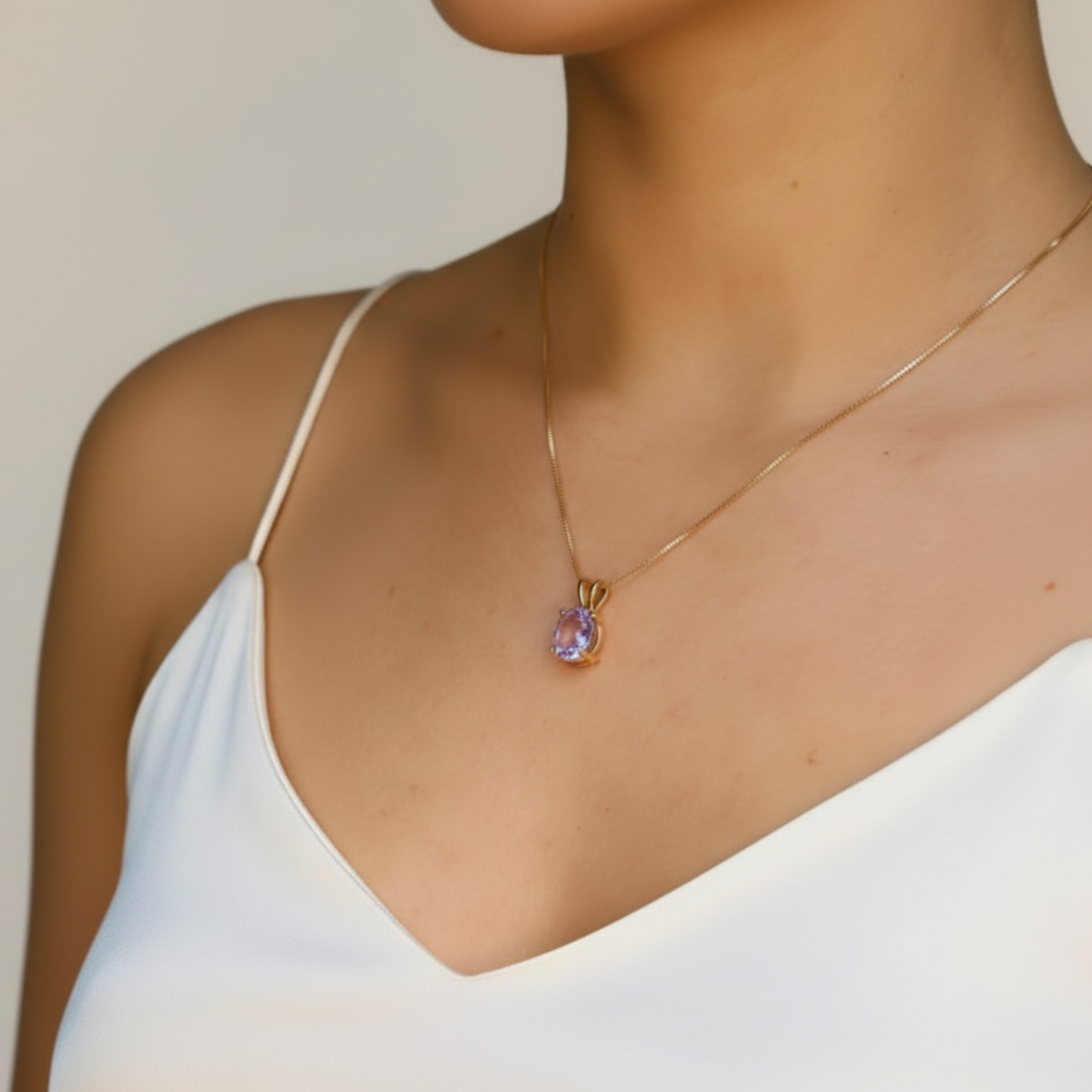 Elegant 18k Gold Vermeil Amethyst Pendant featuring a round purple amethyst, perfect for everyday wear and special occasions.