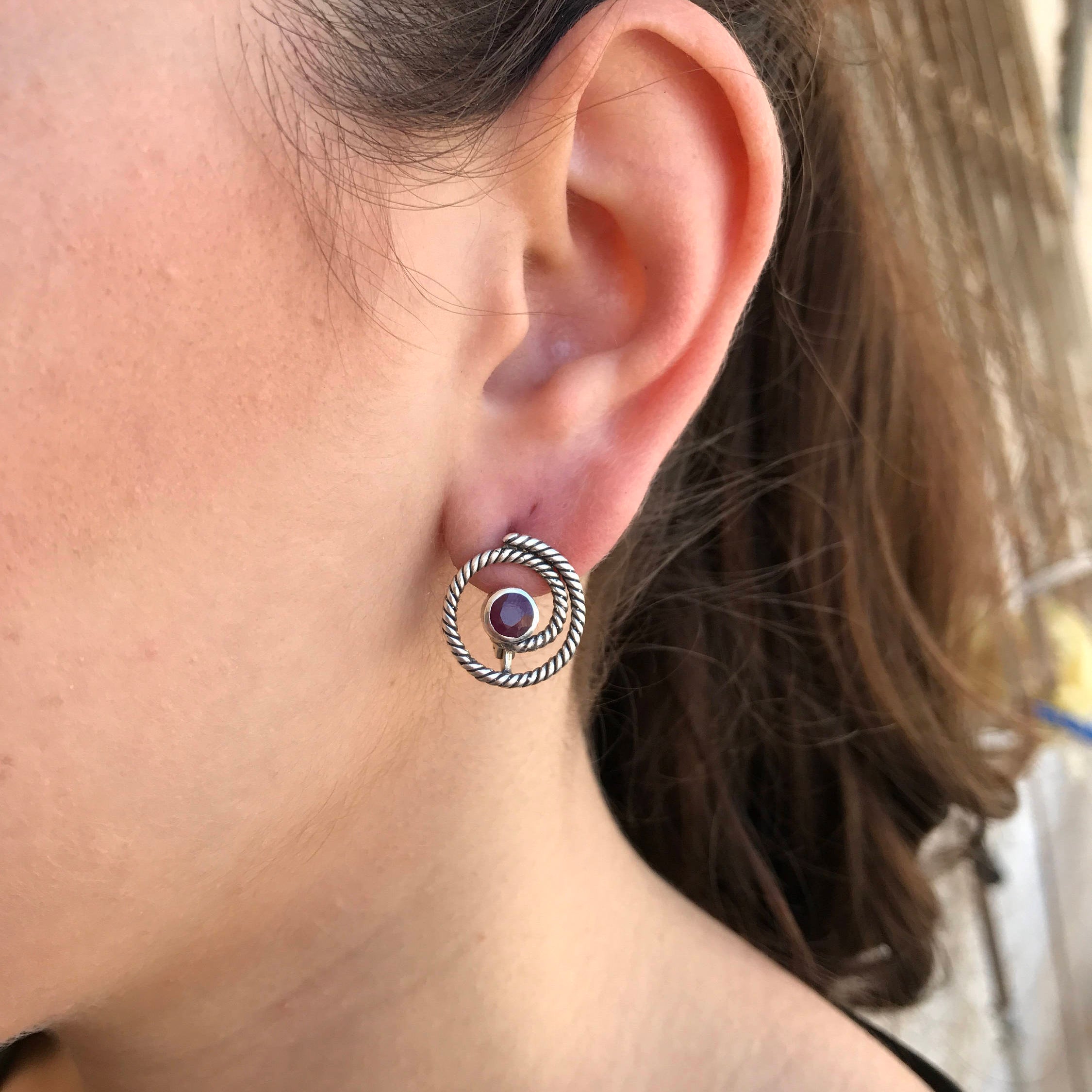 Elegant Ruby Earrings in 925 Sterling Silver, featuring round natural red rubies in a bezel setting—perfect for birthdays and special occasions.