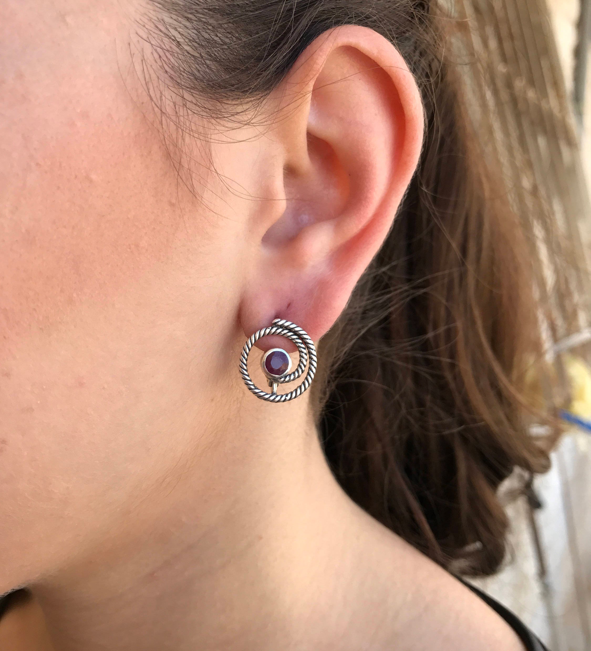 Elegant Ruby Earrings in 925 Sterling Silver, featuring round natural red rubies in a bezel setting—perfect for birthdays and special occasions.