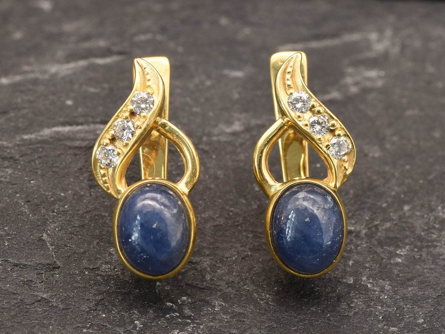 Natural Sapphire Earrings made in 18k Gold Vermeil with Oval Natural Blue Sapphire in Bezel setting, September Birthstone gift idea, symbolizes sincerity, truth, and faithfulness, ideal for everyday wear and perfect for birthday gifting and special occasions.