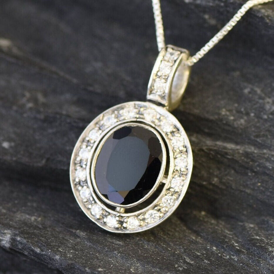 Onyx Pendant, Natural Onyx, Onyx Necklace, Black Oval Pendant, Halo Pendant, Black Oval Gemstone, Victorian Pendant, Silver Onyx, 925 Silver