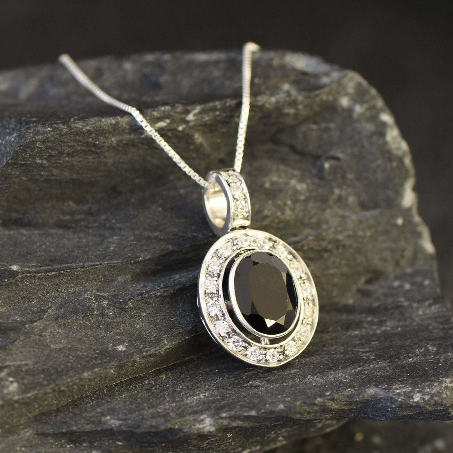 Onyx Pendant, Natural Onyx, Onyx Necklace, Black Oval Pendant, Halo Pendant, Black Oval Gemstone, Victorian Pendant, Silver Onyx, 925 Silver