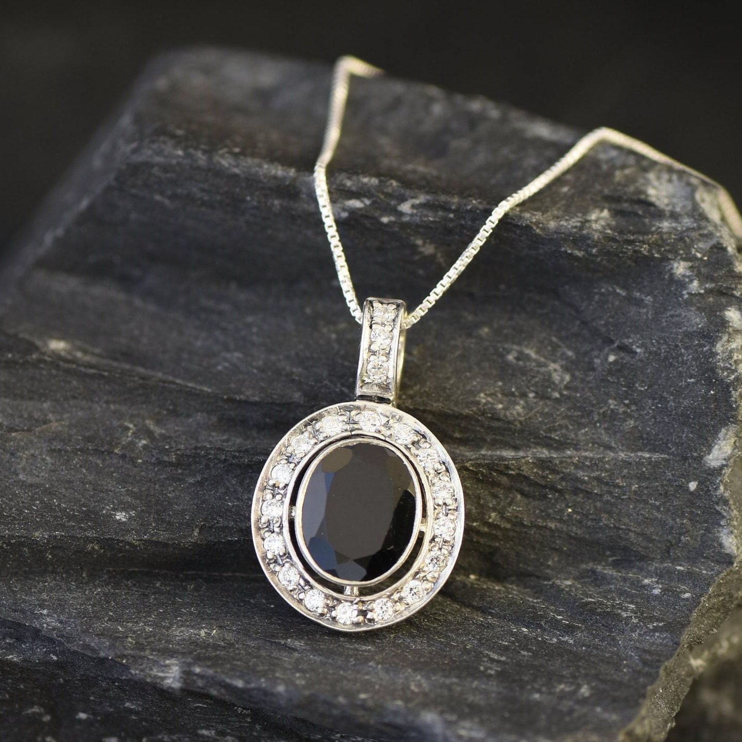 Onyx Pendant, Natural Onyx, Onyx Necklace, Black Oval Pendant, Halo Pendant, Black Oval Gemstone, Victorian Pendant, Silver Onyx, 925 Silver