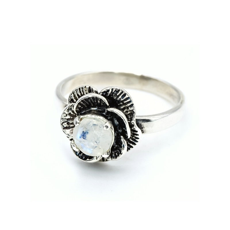 Moonstone Ring, Natural Moonstone, June Birthstone, Vintage Flower Ring, Rainbow Moonstone, June Ring, Silver Flower Ring, 925 Silver Ring