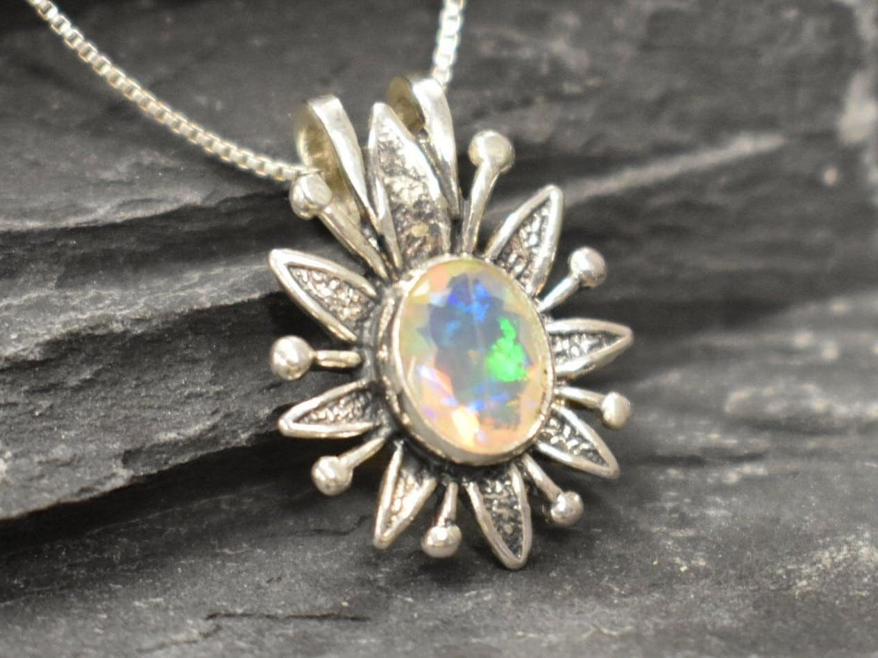 Fire Opal Pendant, Ethiopian Opal, Natural Ethiopian Opal, October Birthstone, Flower Pendant, Vintage Opal Pendant, Solid Silver Pendant