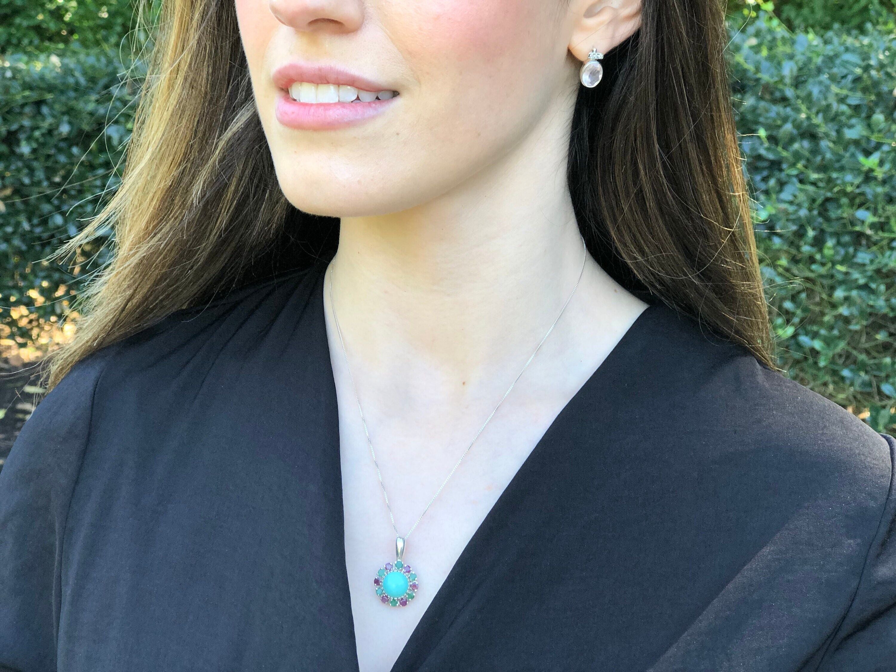 Turquoise Pendant, Natural Turquoise, Victorian Pendant, Emerald Pendant, Ruby Pendant, December Birthstone, May Birthstone, Solid Silver