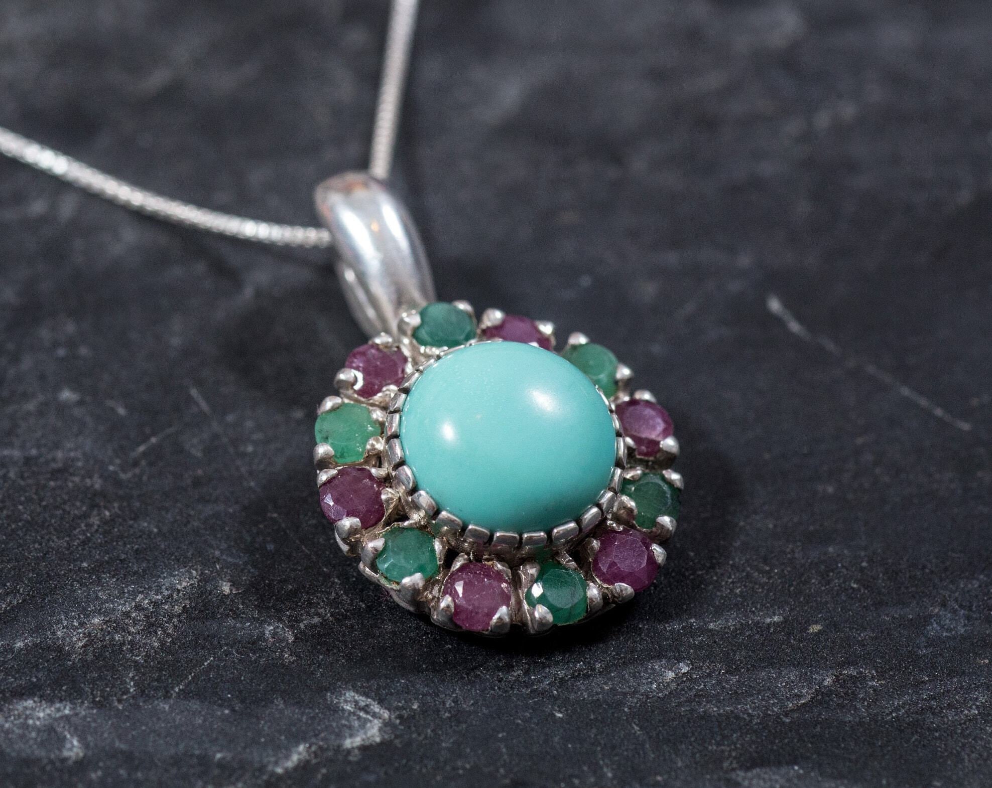 Turquoise Pendant, Natural Turquoise, Victorian Pendant, Emerald Pendant, Ruby Pendant, December Birthstone, May Birthstone, Solid Silver