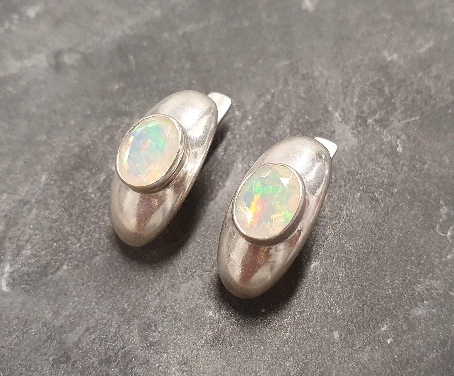 Fire Opal Earrings, Ethiopian Opal, October Birthstone, Silver Shield Earrings, October Earrings, Opal Studs, Vintage Studs, Silver Earrings