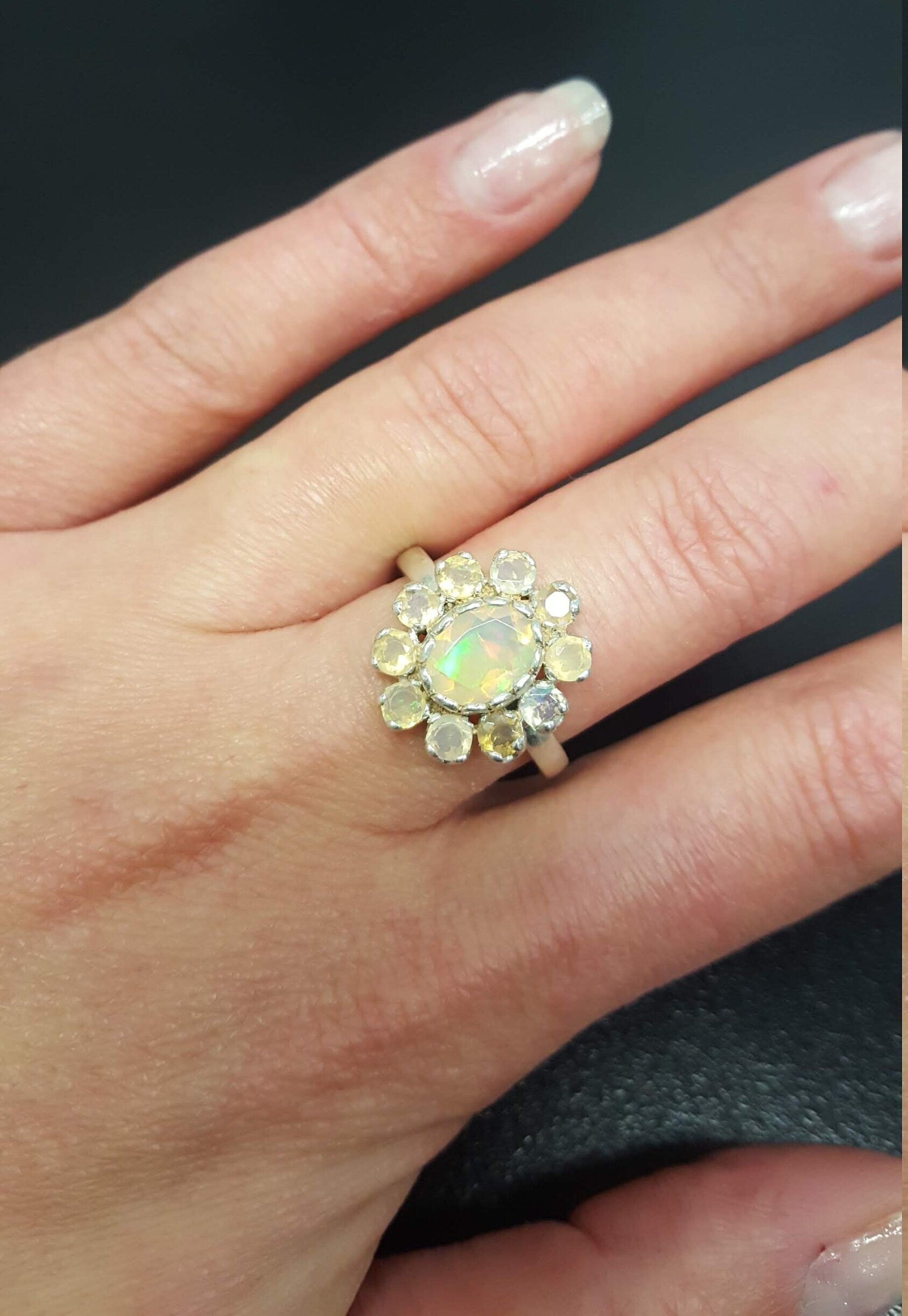 Fire Opal Ring, Natural Opal, Flower Ring, Victorian Ring, October Birthstone, Vintage Opal Ring, Statement Ring, Sterling Silver Ring