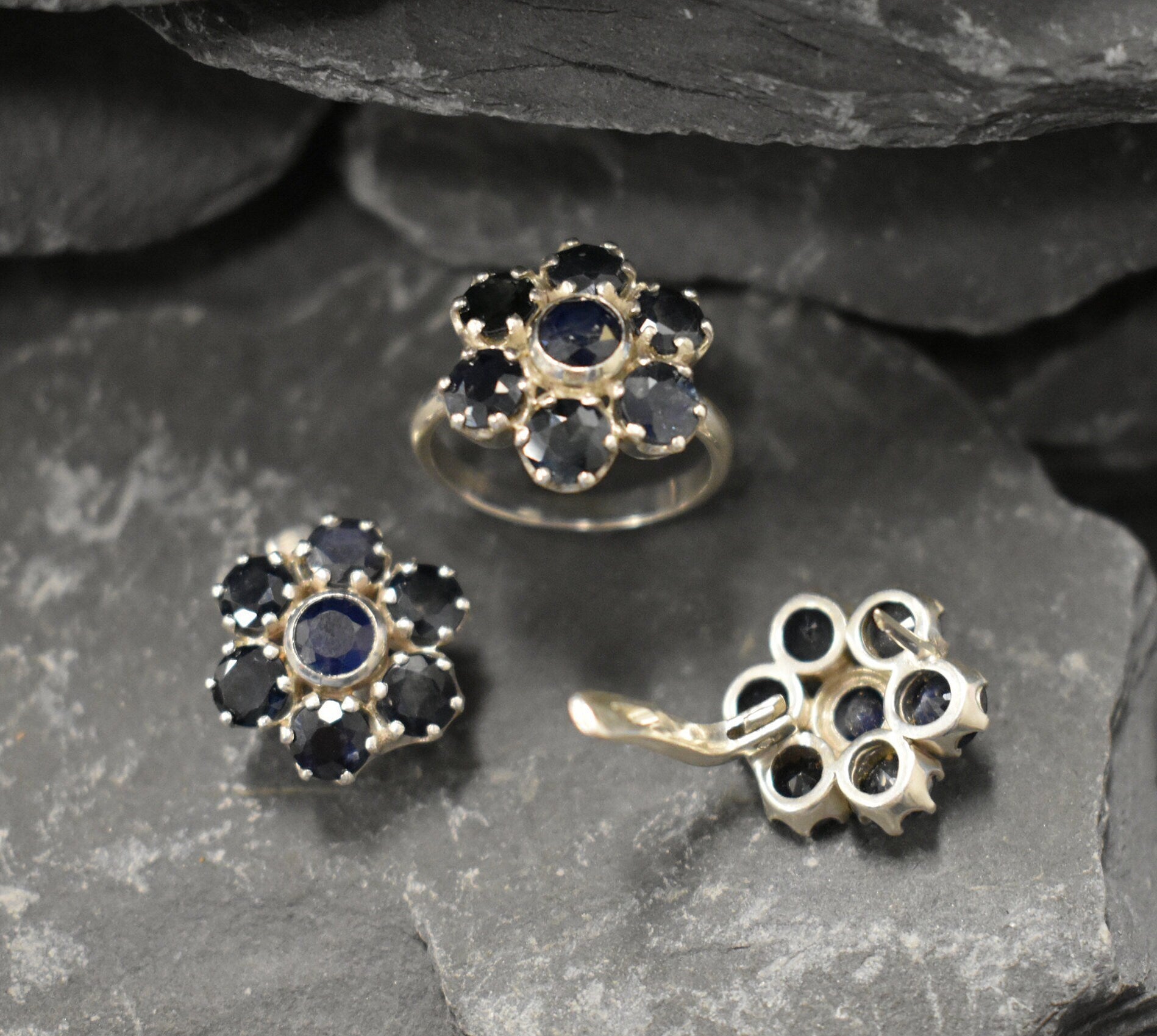 Sapphire Flower Earrings, Natural Sapphire, Large Stud Earrings, September Birthstone, Blue Flower Studs, Heavy Studs, Solid Silver Earrings