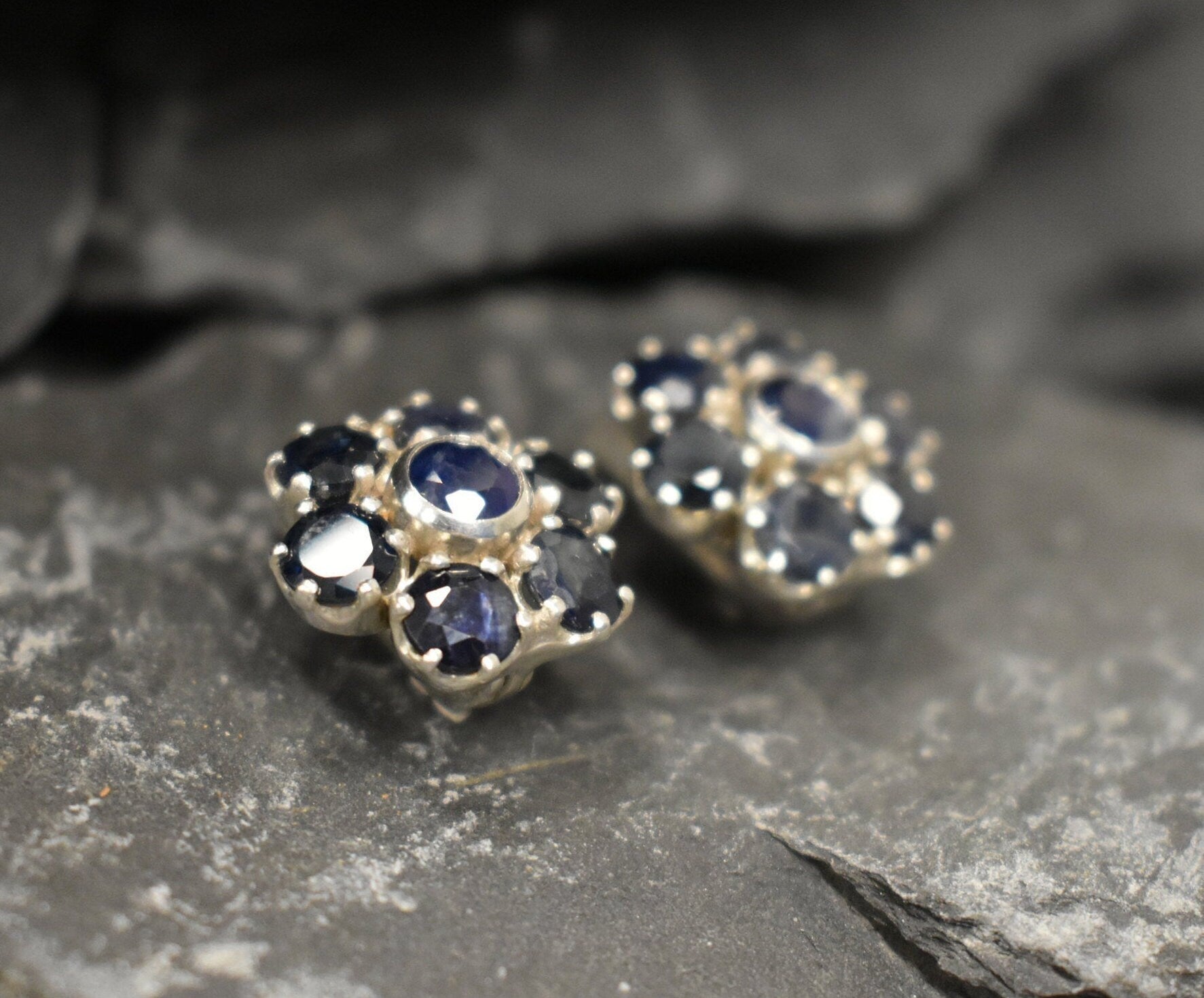 Sapphire Flower Earrings, Natural Sapphire, Large Stud Earrings, September Birthstone, Blue Flower Studs, Heavy Studs, Solid Silver Earrings