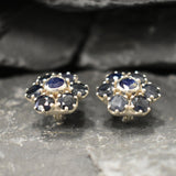 Sapphire Flower Earrings, Natural Sapphire, Large Stud Earrings, September Birthstone, Blue Flower Studs, Heavy Studs, Solid Silver Earrings