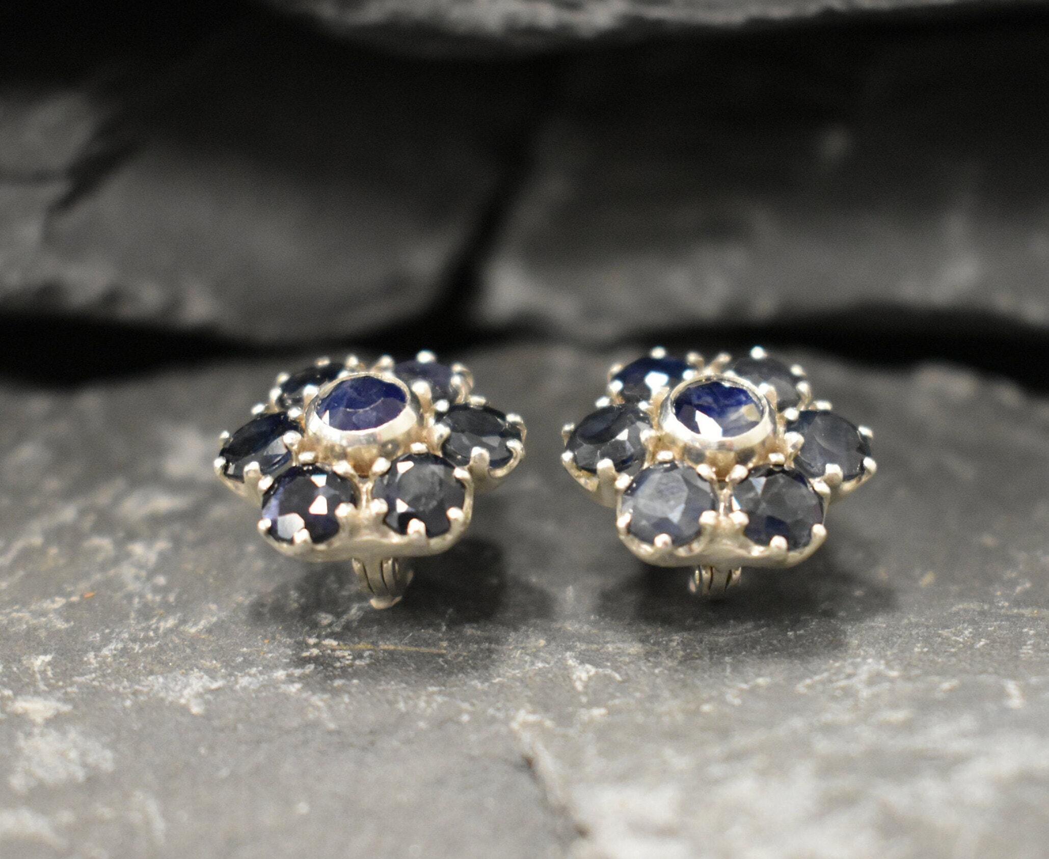 Sapphire Flower Earrings, Natural Sapphire, Large Stud Earrings, September Birthstone, Blue Flower Studs, Heavy Studs, Solid Silver Earrings