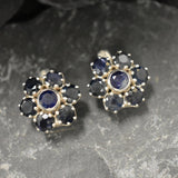 Sapphire Flower Earrings, Natural Sapphire, Large Stud Earrings, September Birthstone, Blue Flower Studs, Heavy Studs, Solid Silver Earrings