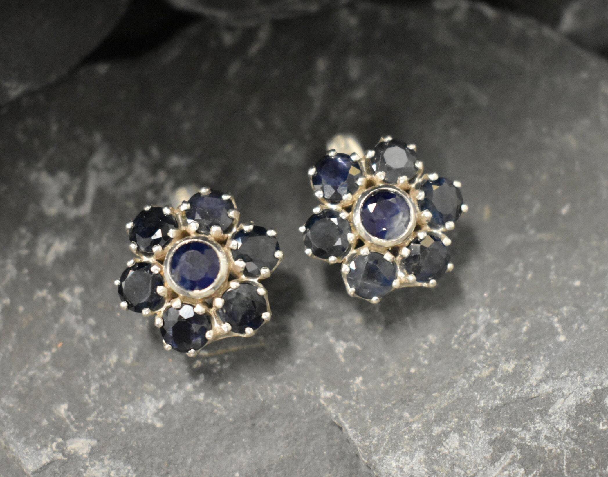 Sapphire Flower Earrings, Natural Sapphire, Large Stud Earrings, September Birthstone, Blue Flower Studs, Heavy Studs, Solid Silver Earrings